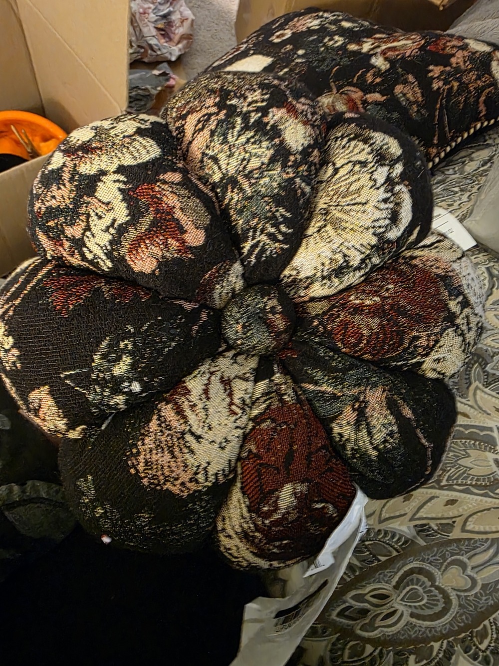 Decorative Floral Velvet Pumpkin PillowDecor  in Black and Rust Set Of 2